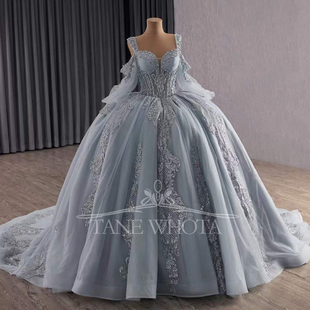 TW312 Vestidos De 15 Años Quinceañeras 2025 Sweetheart Appliques Lace Long Silver Princess Quinceanera Dress