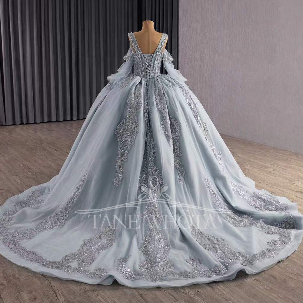 TW312 Vestidos De 15 Años Quinceañeras 2025 Sweetheart Appliques Lace Long Silver Princess Quinceanera Dress
