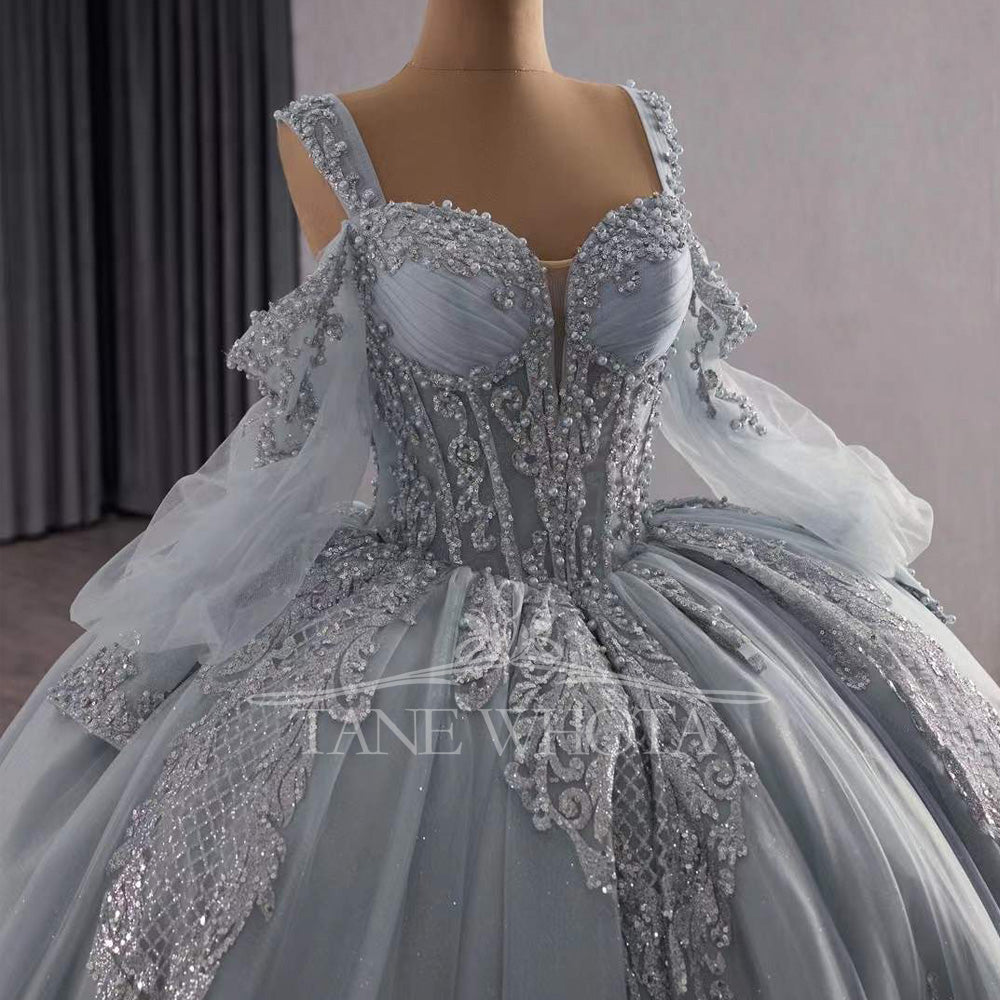 TW312 Vestidos De 15 Años Quinceañeras 2025 Sweetheart Appliques Lace Long Silver Princess Quinceanera Dress