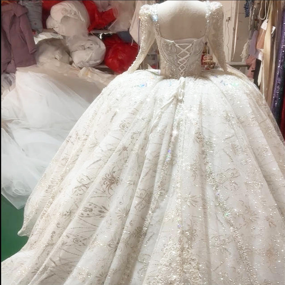 TW018 Vestido Boda Civil Dress Square Collar Long Sleeve Lace Up Back Customized Wedding Dresses