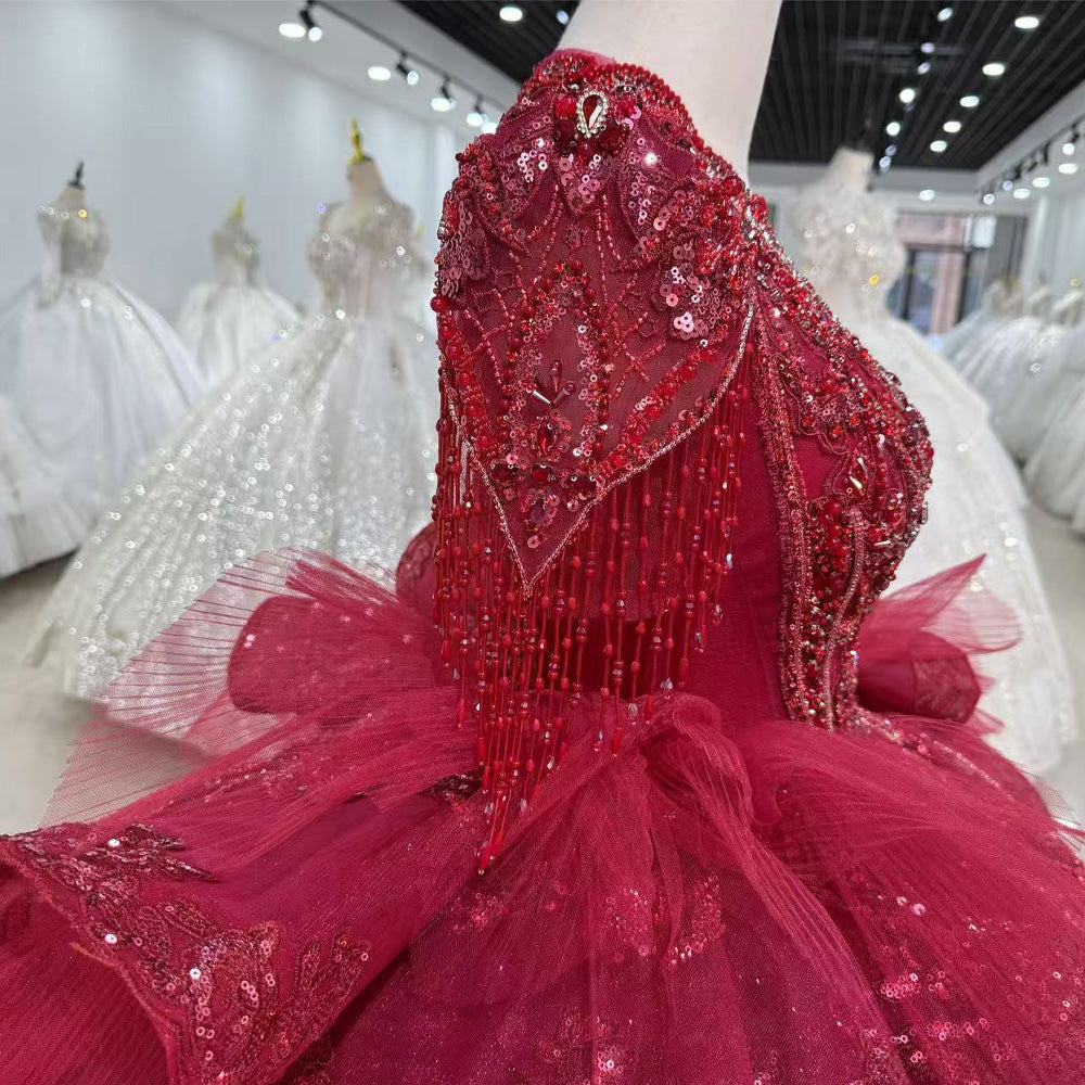 TW012 Lace Evening Dresses Luxury 2025 Long Sleeve Crystal Beaded Keyhole Back Red Long Dresses For Special Occasions
