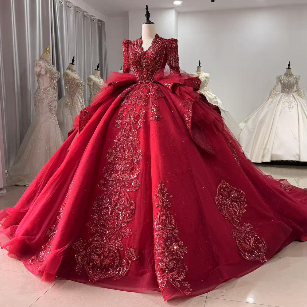 TW012 Lace Evening Dresses Luxury 2025 Long Sleeve Crystal Beaded Keyhole Back Red Long Dresses For Special Occasions