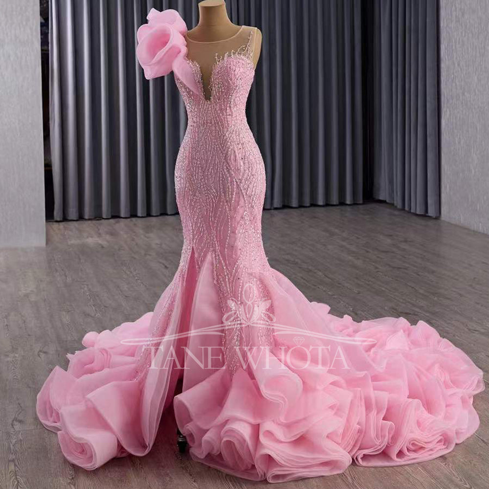 TW579 Luxury O-Neck Sleeveless Evening Dress Lace-Up Back Sequins Crystal Sheath Pink Prom Gown Customized Fit 2025