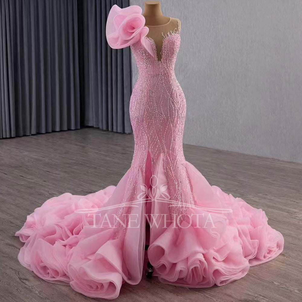 TW579 Luxury O-Neck Sleeveless Evening Dress Lace-Up Back Sequins Crystal Sheath Pink Prom Gown Customized Fit 2025