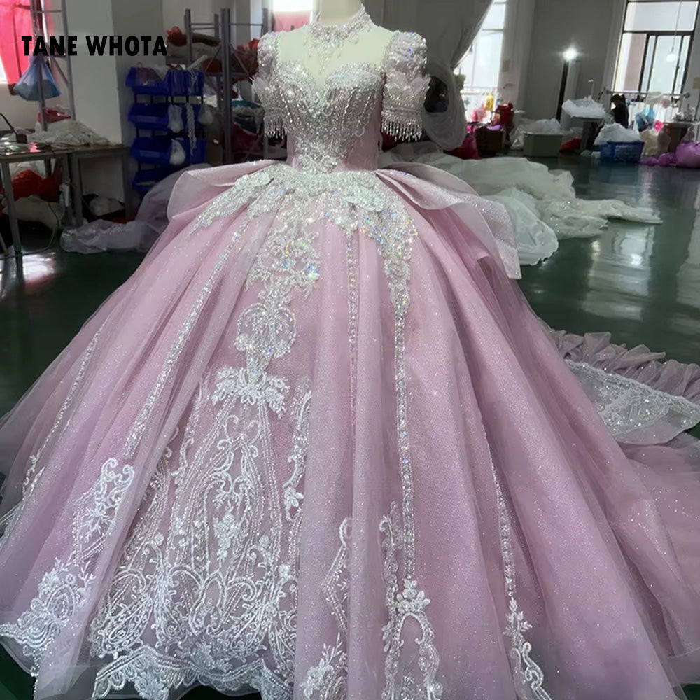 TW252 Women Evening Dresses Short Sleeve O-Neck Crystal Embroidery Beaded Keyhole Back Pink Long Dresses For Special Occasions