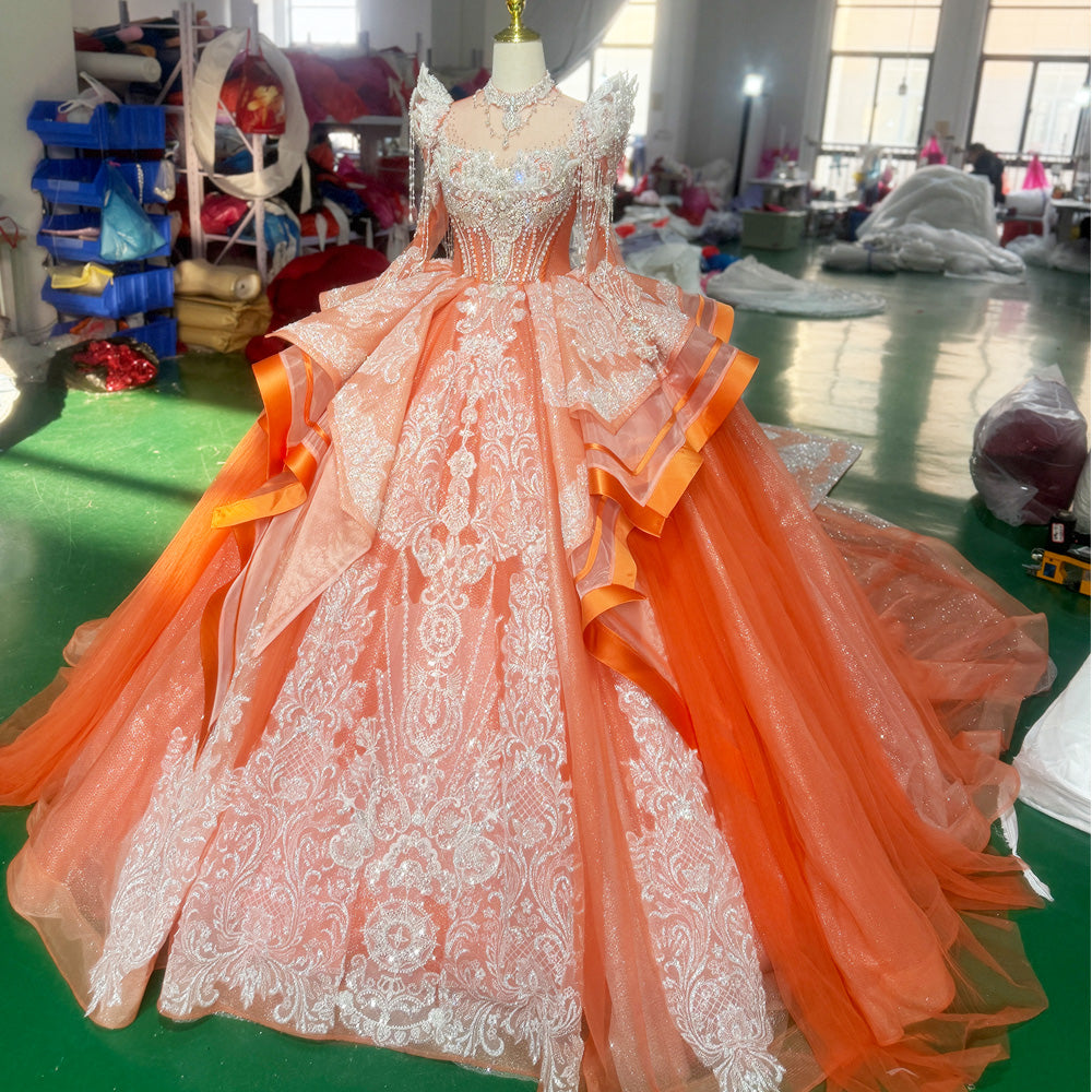 TW022 Luxury Customizable Evening Gown 2025 High Long Sleeve Lace-Up Keyhole Back Beaded Sequined Embrodiery For Formal Occasions