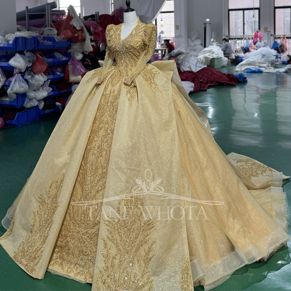 TW506 Elegant V-Neck Evening Dress 2025 Long Sleeve Lace-Up Back Sequined Beading Yellow Ball Gown For Women Party Wear