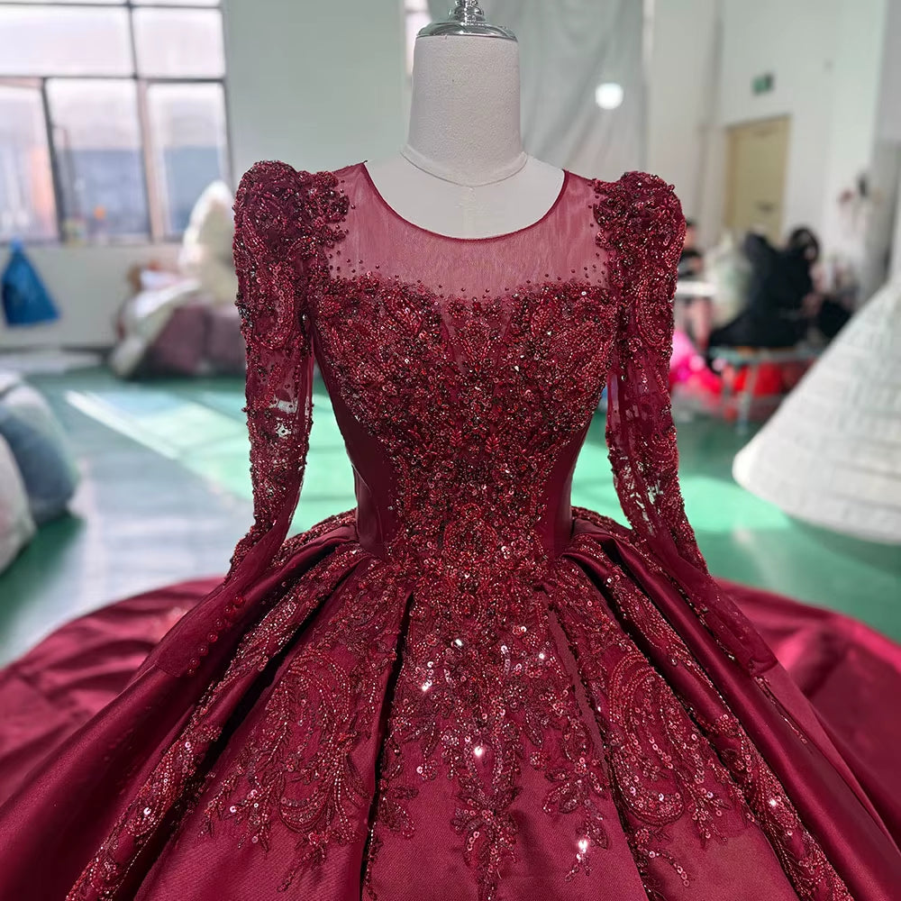 TW255 Women's Evening Dress Long Sleeve O-Neck Lace Up Keyhole Back Crystal Embroidery Beaded Red Long Dresses For Special Occasions