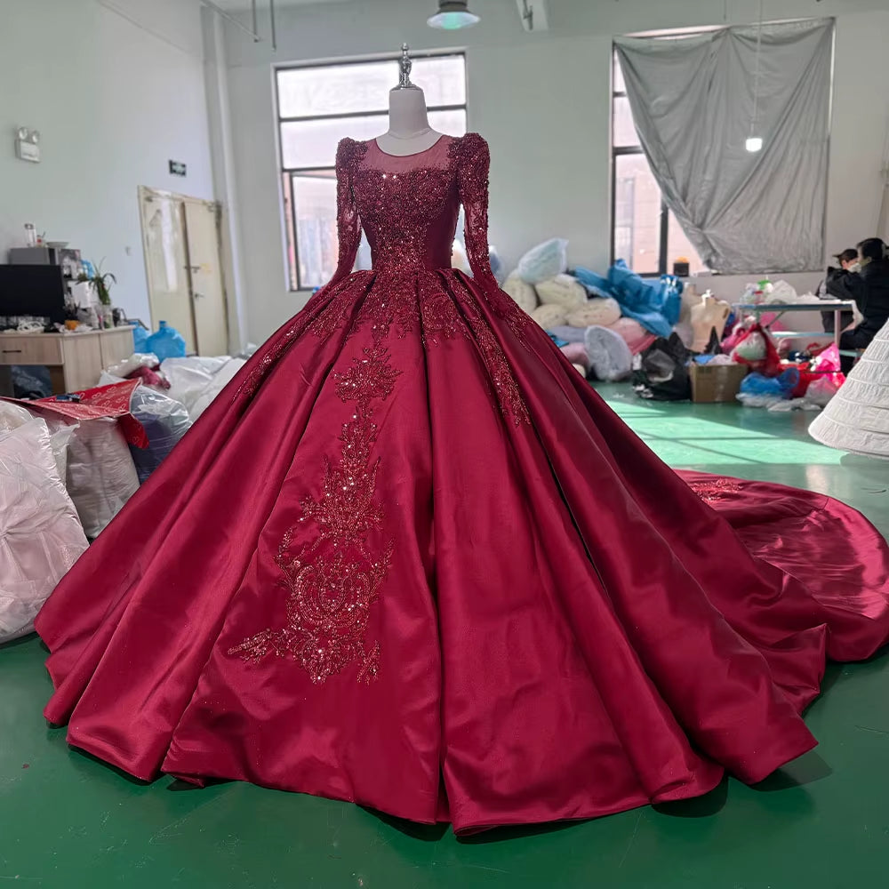 TW255 Women's Evening Dress Long Sleeve O-Neck Lace Up Keyhole Back Crystal Embroidery Beaded Red Long Dresses For Special Occasions