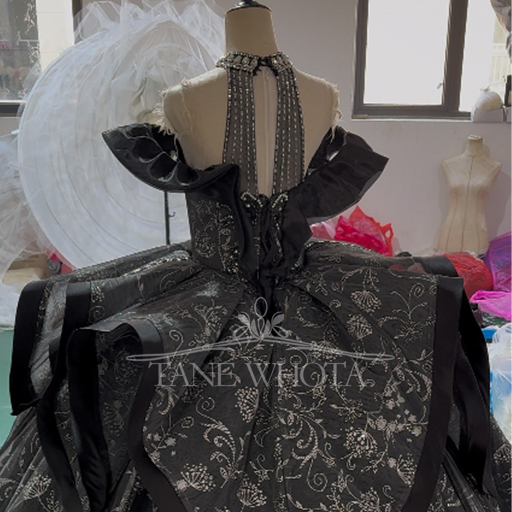 TW454 Black Long Evening Dress Robe Soirée Halter Off-Shoulder Sequined Embroidery Crystal Detail Customizable Size for Women