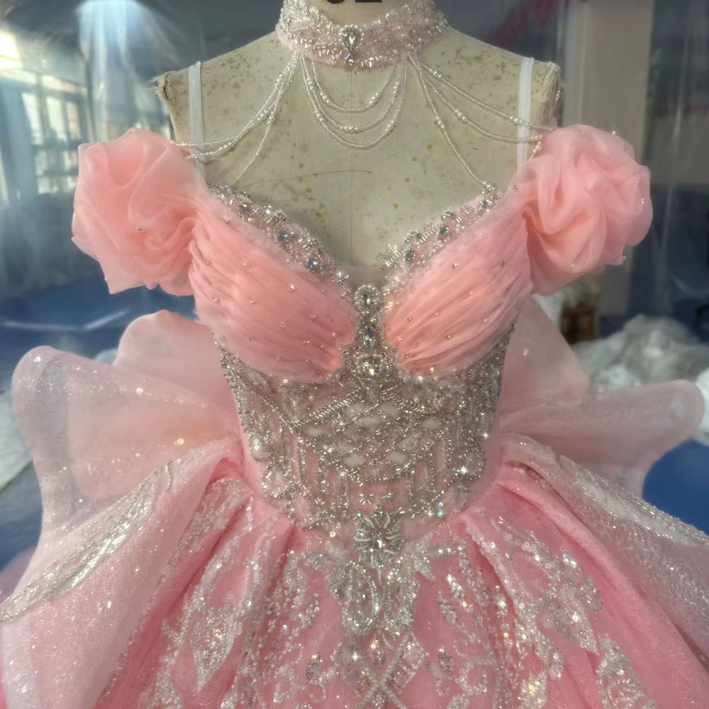 TW267 Evening Gowns Sweetheart Off Shoulder Lace Up Back Evening Dress Bow Sequined Embroidery Beading Pink Long Dress Customized