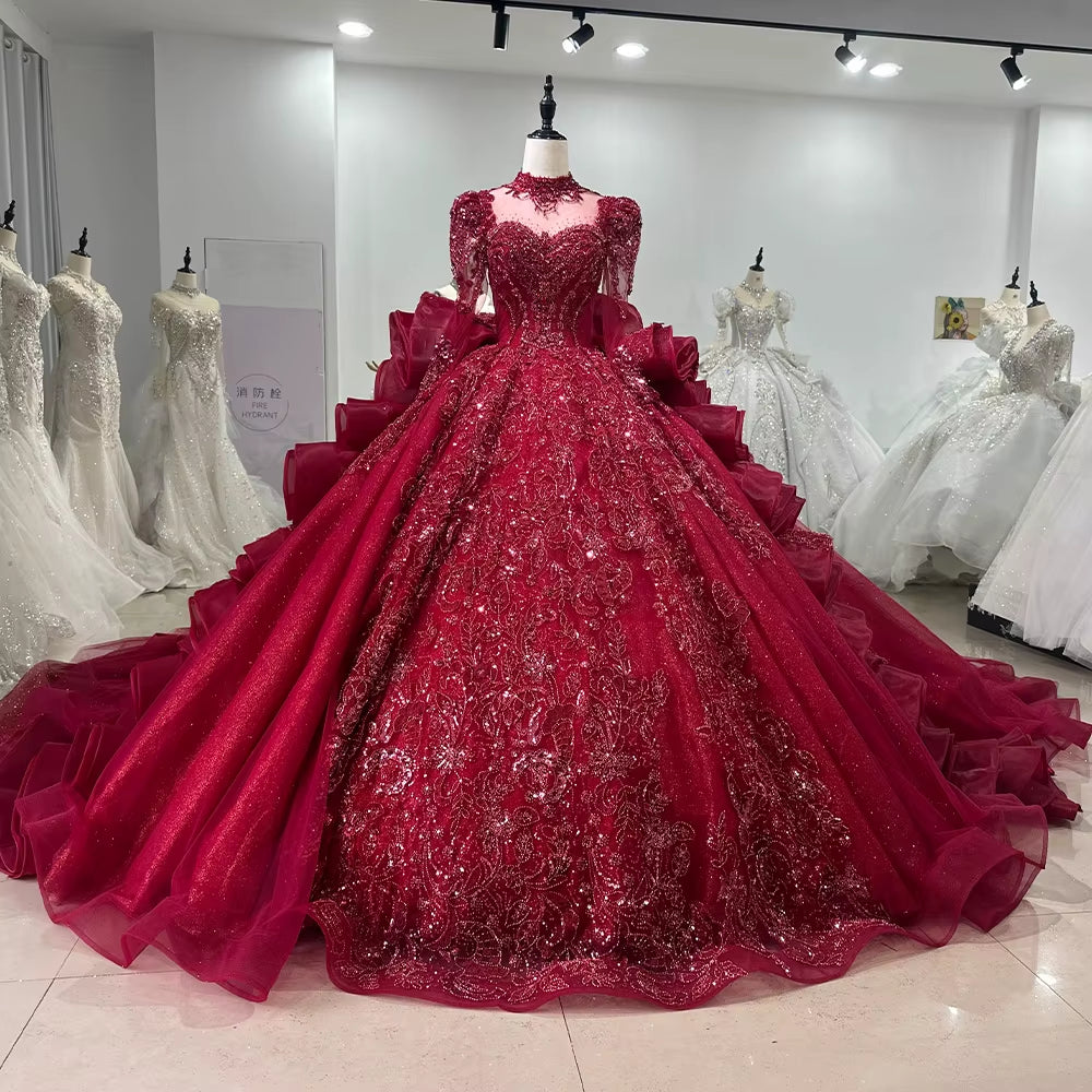 TW248 Luxury Evening Dresses 2025 High Long Sleeve Crystal Embroidery Beaded Keyhole Back Ruffles Red Long Dresses