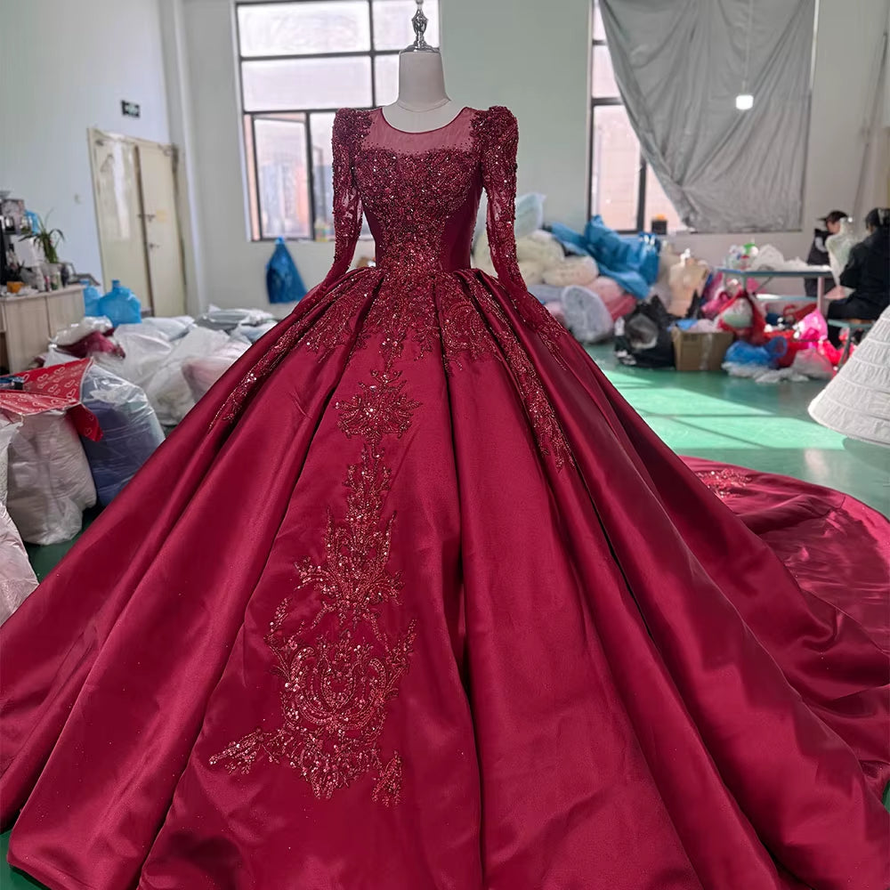 TW255 Women's Evening Dress Long Sleeve O-Neck Lace Up Keyhole Back Crystal Embroidery Beaded Red Long Dresses For Special Occasions