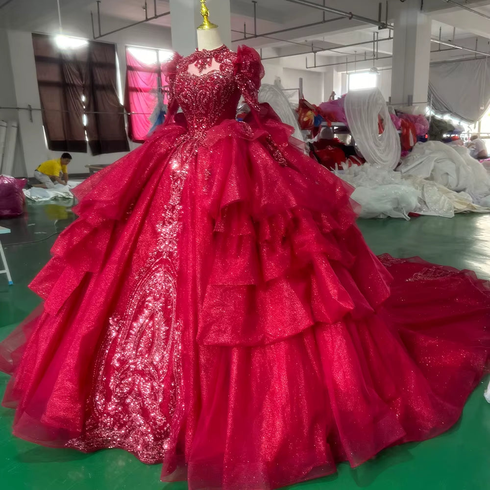 TW260 Red Bespoke Occasion Dresses High Long Sleeve Lace Up Keyhole Back Evening Dresses Bow Crystal Embroidery Beaded Red Long Dresses