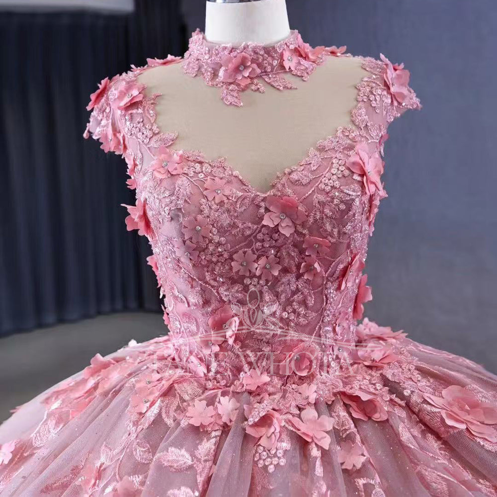 TW288 Vestidos De Quinceañeras 2025 High Cap Sleeve Lace Up Back Crystal Appliques Embroidery Customized Pink Long Dress Luxury
