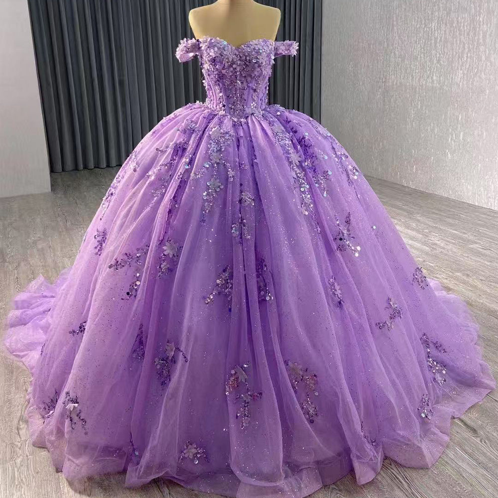 TW126 Vestidos De 15 Off Shoulder Sweetheart Appliques Sequined Lace Up Back Purple dresses for Luxury Party