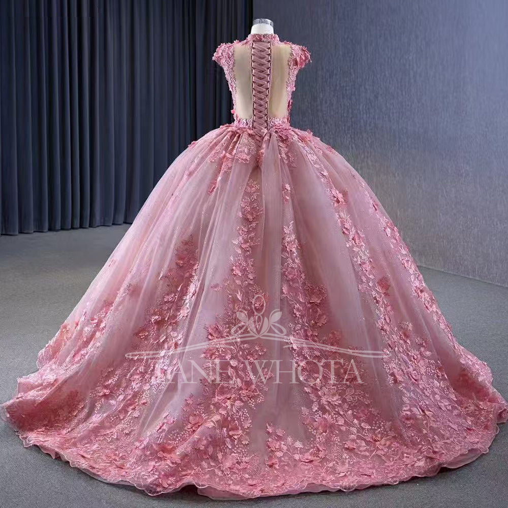 TW288 Vestidos De Quinceañeras 2025 High Cap Sleeve Lace Up Back Crystal Appliques Embroidery Customized Pink Long Dress Luxury
