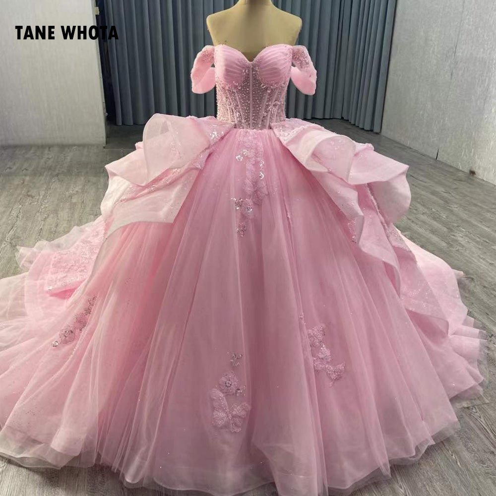 TW221 Vestido 15 Anos Debutante Off Shoulder Sweetheart Appliques Lace Up Back Beading Pink Long Dress For Special Occasions