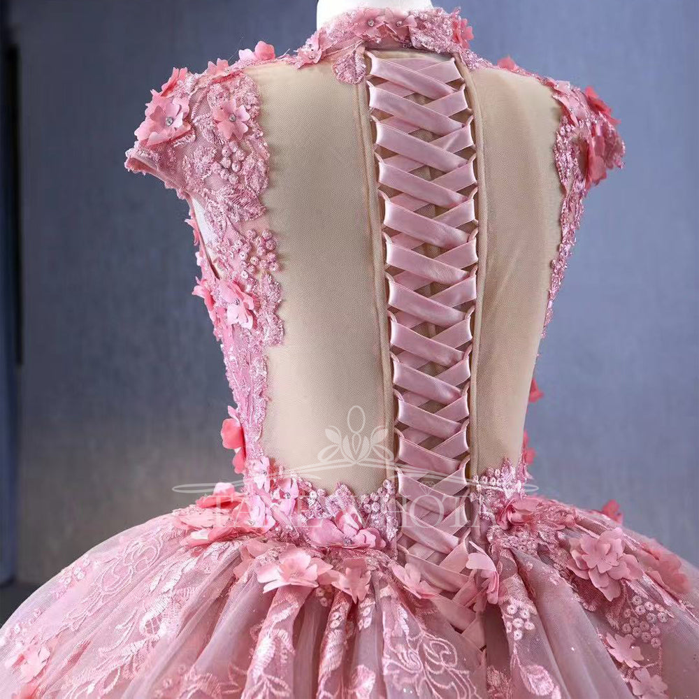 TW288 Vestidos De Quinceañeras 2025 High Cap Sleeve Lace Up Back Crystal Appliques Embroidery Customized Pink Long Dress Luxury