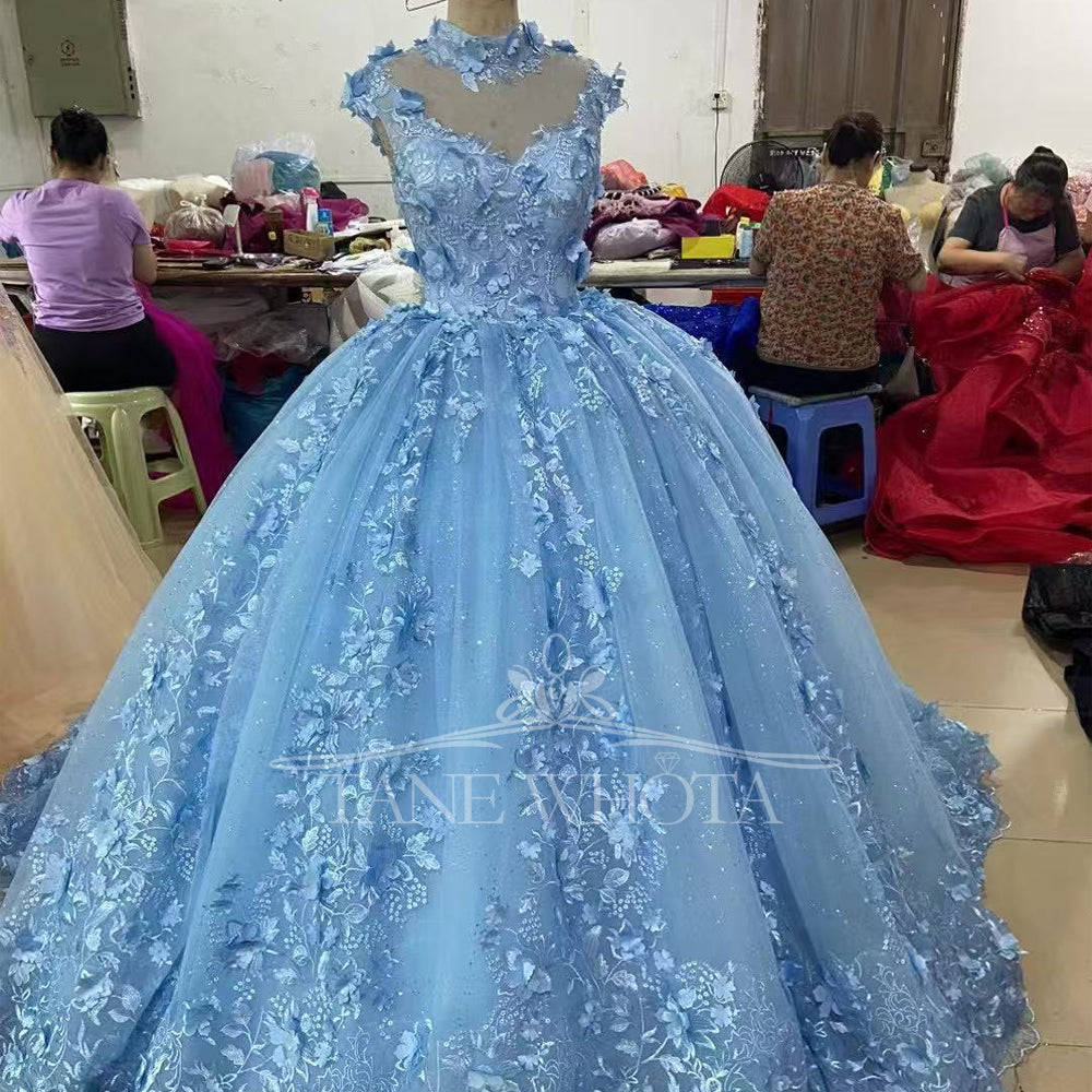 TW288 Vestidos De Quinceañeras 2025 High Cap Sleeve Lace Up Back Crystal Appliques Embroidery Customized Pink Long Dress Luxury