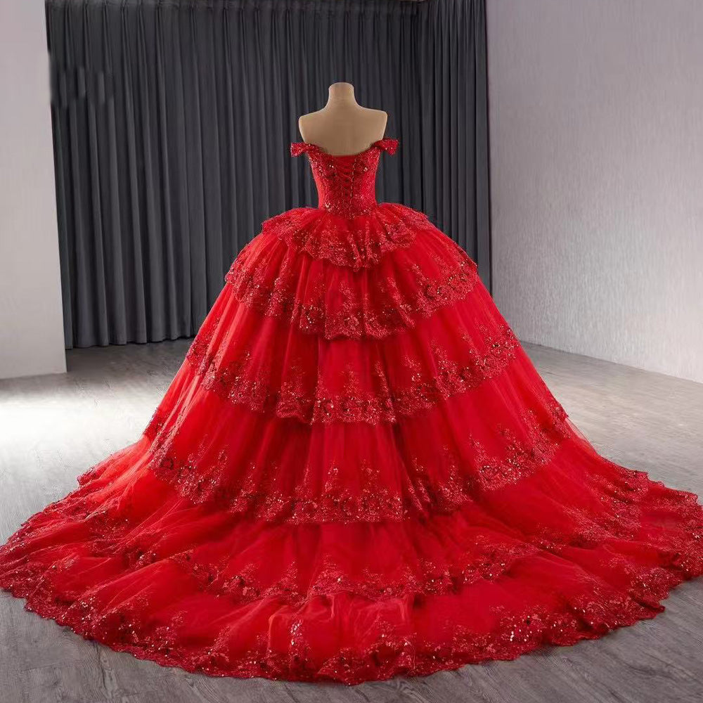 TW124 Vestidos Quinceañeras Estilo Princesa Off Shoulder Sweetheart Lace Beading Lace Up Back Red Long Dress For Special Occasions