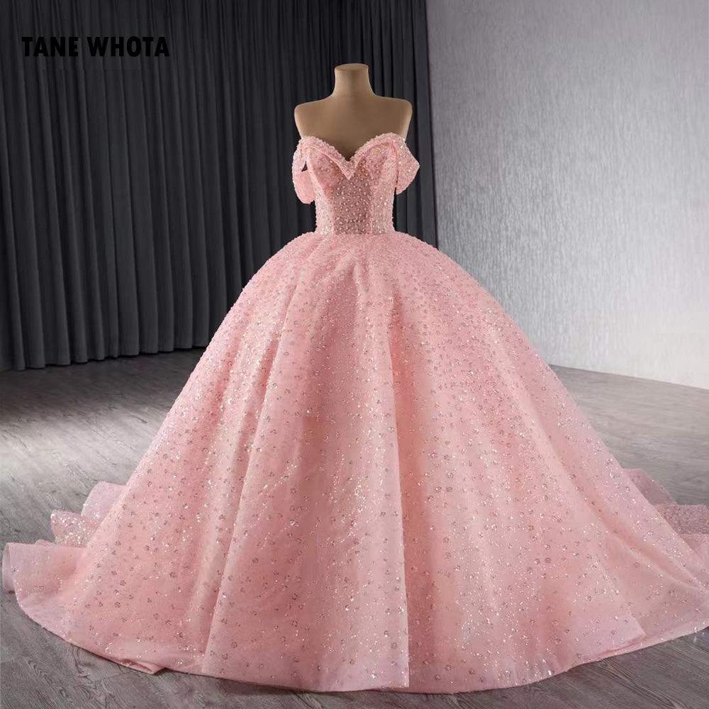 TW219 Vestido 15 Años Quinceañera Luxury Off Shoulder Sweetheart Sequined Beading Crystal Lace Up Back Customized Pink Long Dress