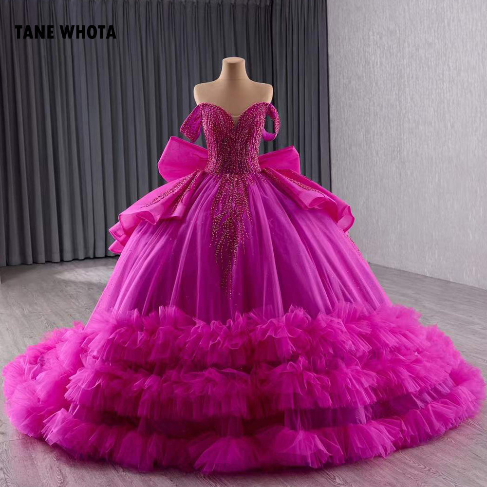 TW218 Vestido De 15 Anos Debutante Luxury Off Shoulder Sweetheart Beading Sequined Bow Lace Up Back Customized Rose Red Long Dress