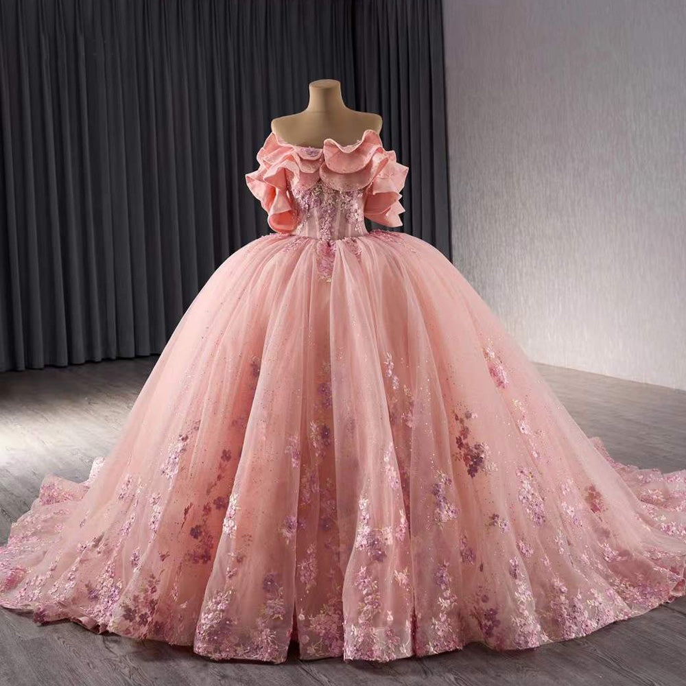 TW200 Vestidos 15 Quinceañera Lace Flower Off the Shoulder Lace Up Back Pink Ball Gown Long Formal Dress