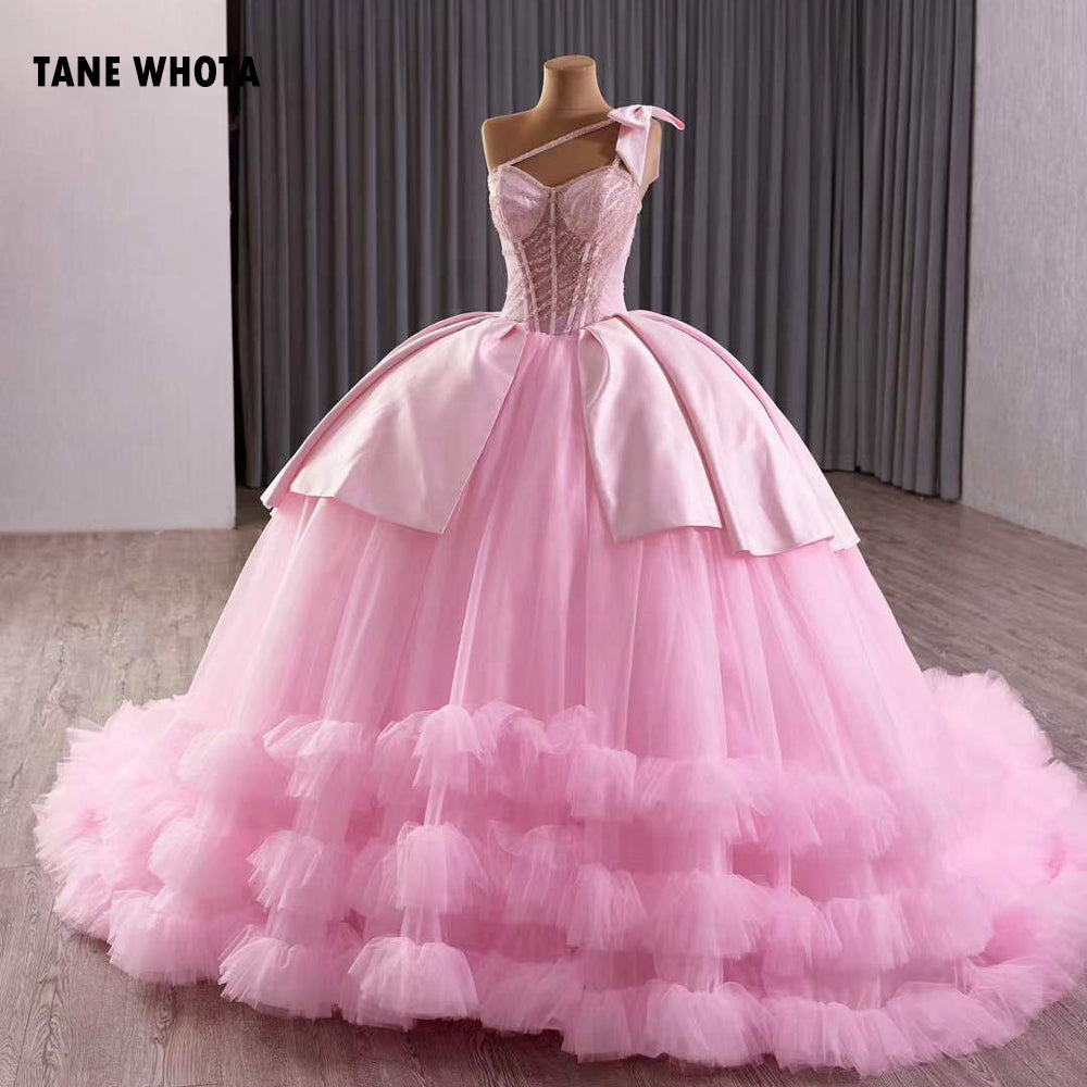 TW268 Vestido Quinceañera 2025 Luxury Spaghetti Straps Lace Up Back Sequined Customized Pink Long Dress For Special Occasions