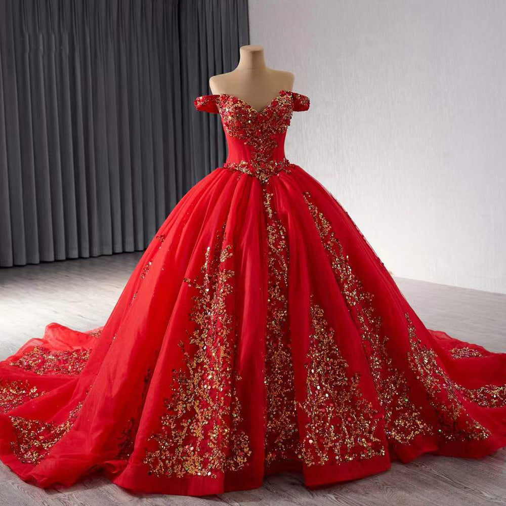TW199 Vestidos Para 15 Quinceanera Off Shoulder Sweetheart Lace Up Back Sequined Red Customized Long Dress For Special Occasions