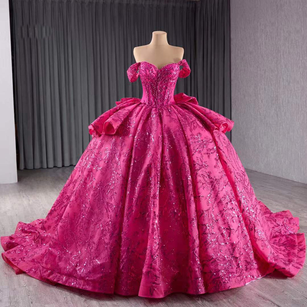 TW196 Vestidos 15 Años Quinceañera 2025 Luxury Off Shoulder Sweetheart Lace Up Back Rose Pink Beading Sequined Long Evening Dress