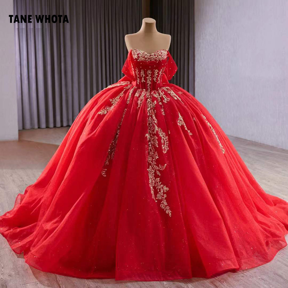TW217 Red Vestidos Quinceañeras Princesas Luxury Off Shoulder Sweetheart Bow Lace Up Back Red Long Dress For Special Occasions
