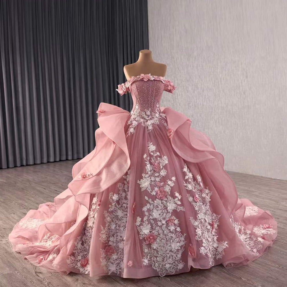 TW095 Quinceanera Dresses Luxury 2025 Off Shoulder Strapless Appliques Lace Up Back Pink Long Dress For Special Occasions