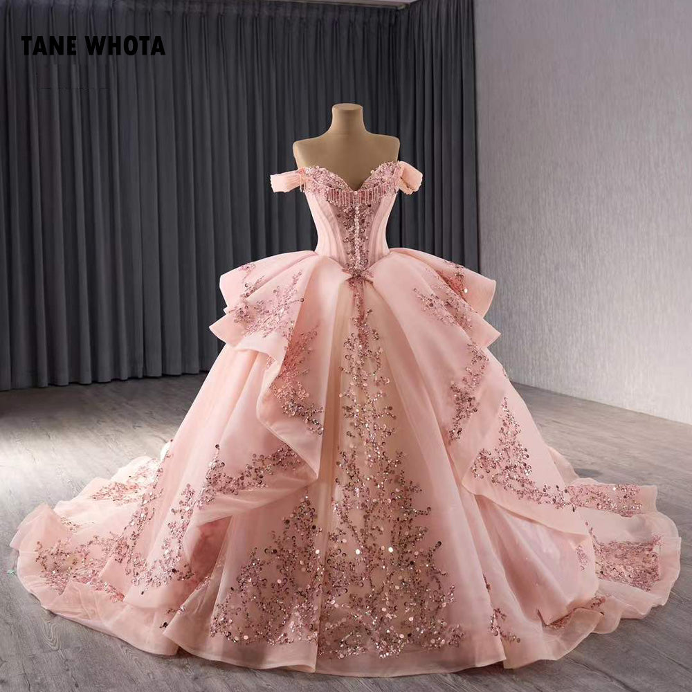 TW205 Vestido De Quinceañera Sweetheart Off Shoulder Lace Up Back Sequins Beading Pink Lace Long Dress For Occasions Dress