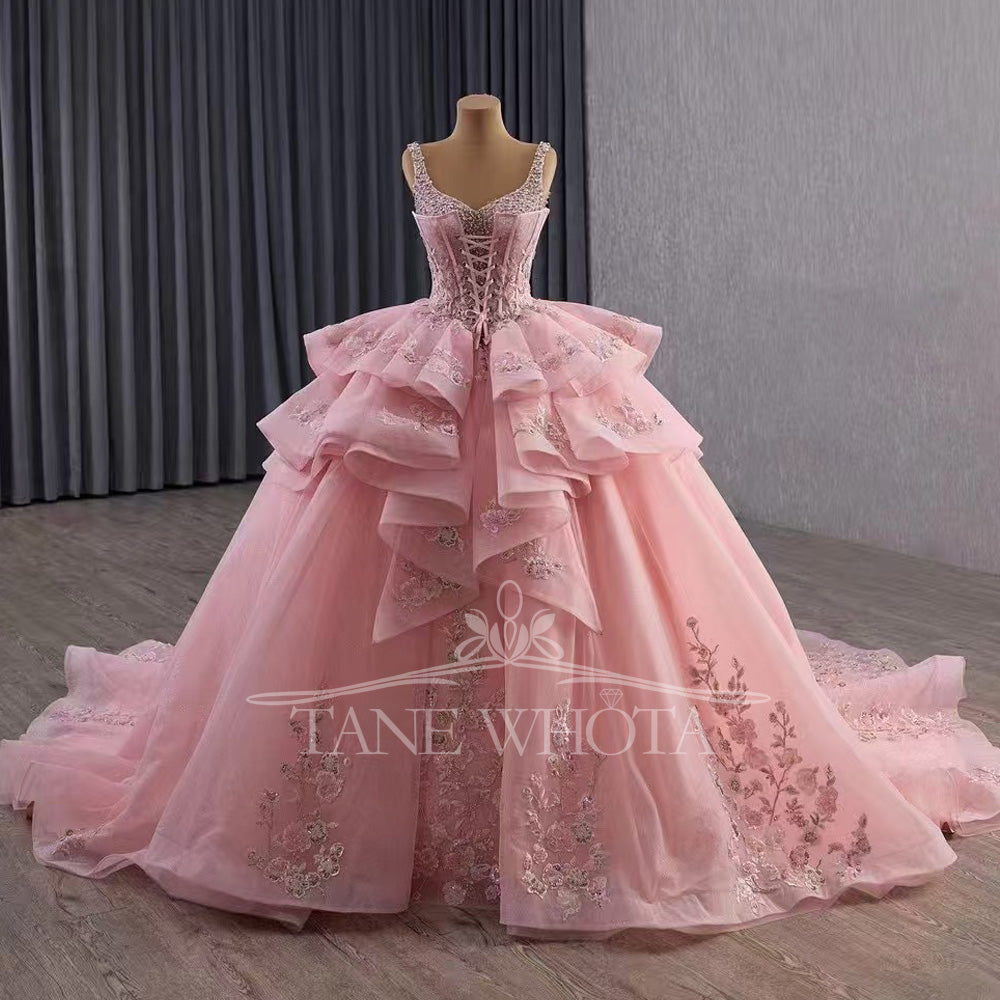 TW573 Customizable Pink Prom Dress Detachable Jacket Spaghetti Straps Lace-Up Back Beading Quinceanera Women's Special Occasion Gown