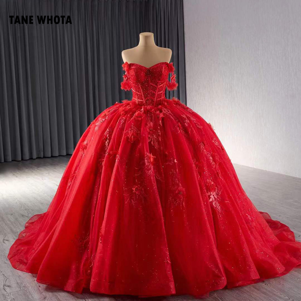 TW203 Red Quinceañera Sweetheart Off Shoulder Lace Up Back Appliques Beading Red Long Evening Dress For Special Occasions