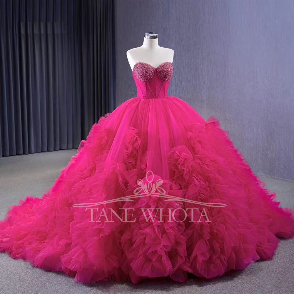 TW289 Vestido De Debutante 15 Anos Luxury Sweetheart Sleeveless Lace Up Back Beading Customized Rose Red Ball Gown Quinceanera Dress
