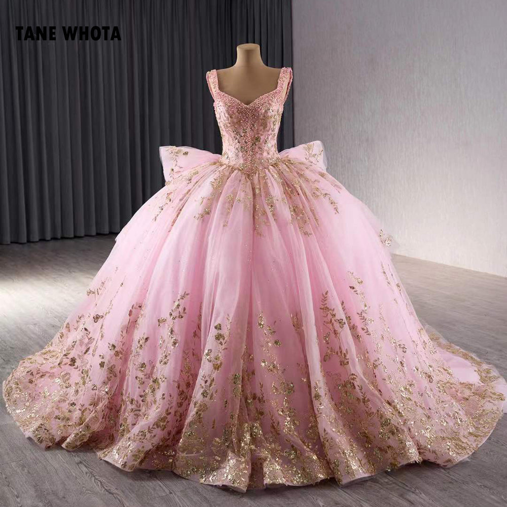 TW202 Vestidos De Quinceañeras Spaghetti Strapless Lace Up Back Sequined Beading Embroidery Pink Long Dress For Special Occasions