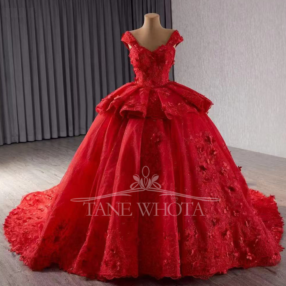 TW292 Quinceanera Dress Ball Gown Cap Sleeve Sweetheart Lace Up Back Embroidery Appliques Customized Red Long Dress
