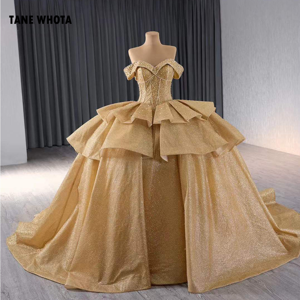TW206 Vestido De 15 Anos Sweetheart Off Shoulder Lace Up Back Beading Crystal Yellow Long Dress For Special Occasions Customized