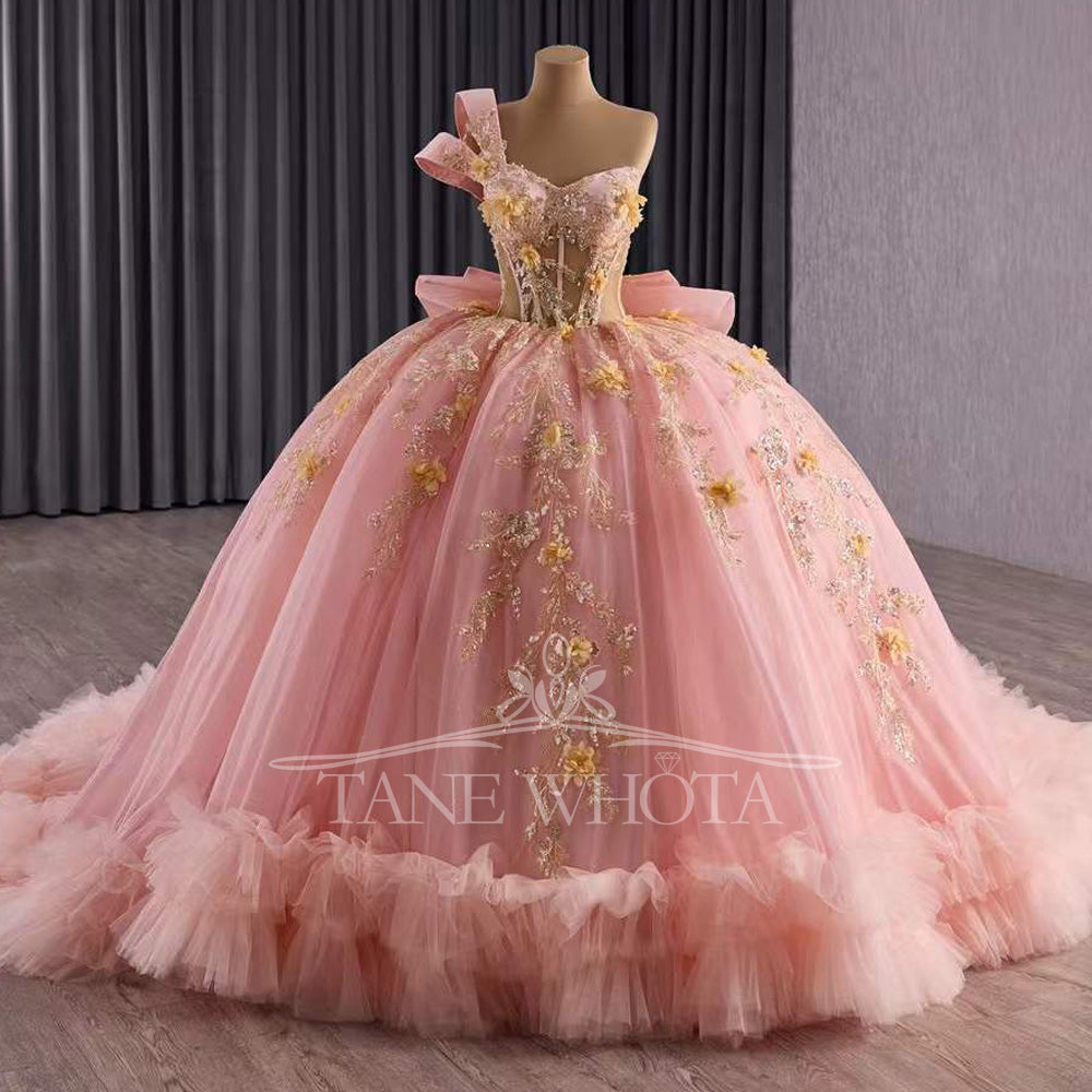 TW294 Vestido Quinceañera 2025 Luxury One Shoulder Sequins Lace Pink Ball Gown Flower Quinceanera Dress