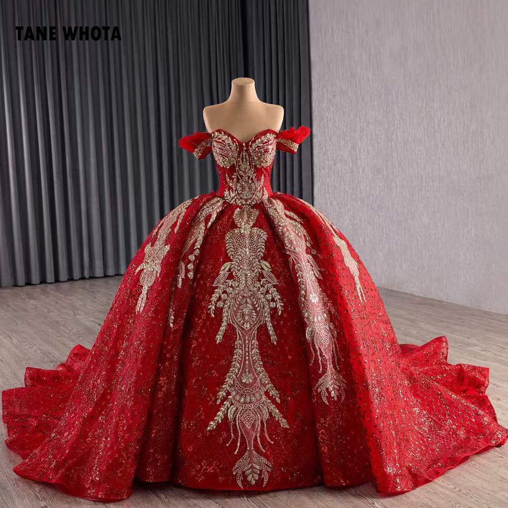 TW278 Vestidos De Quinceañera De Princesa 2025 Off Shoulder Sweetheart Lace Up Back Crystal Lace Red Long Evening Dress