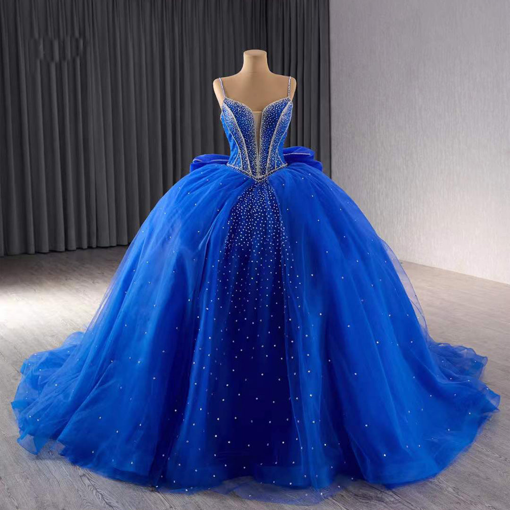 TW201 Vestido Quinceañera Spaghetti Straps Lace Up Back Sequined Beading Blue Bow Long Dress For Special Occasions Customized