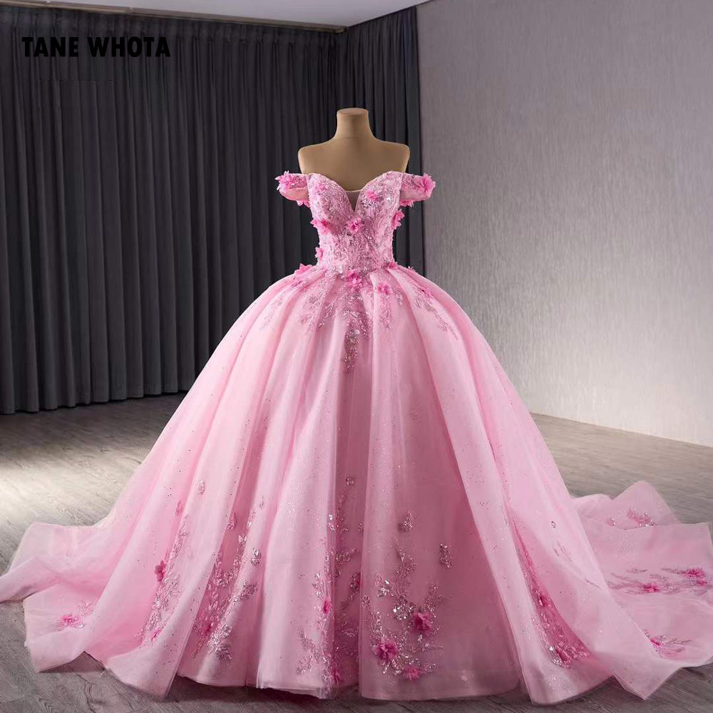 TW204 Quinceañera Dresses Sweetheart Off Shoulder Appliques Lace Up Back Sequined Beading Pink Long Dress For Special Occasions