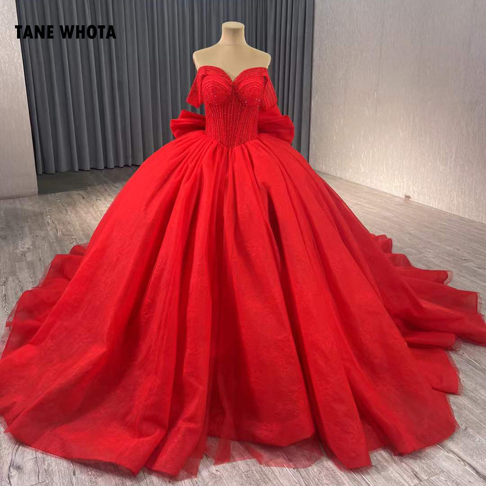 TW215 Vestidos Para 15 Quinceañera 2025 Luxury Off Shoulder Sweetheart Beading Bow Lace Up Back Red Long Dress For Special Occasions
