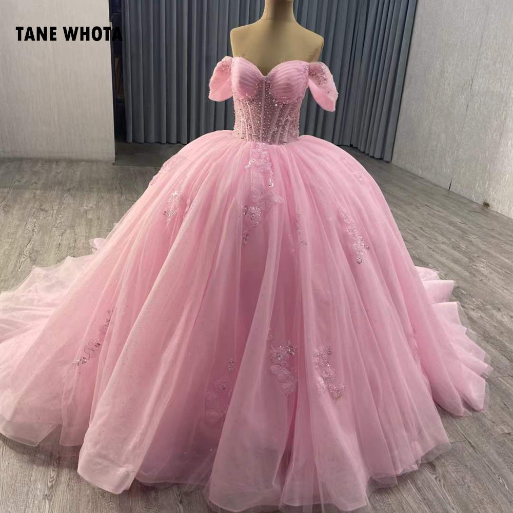 TW221 Vestido 15 Anos Debutante Off Shoulder Sweetheart Appliques Lace Up Back Beading Pink Long Dress For Special Occasions