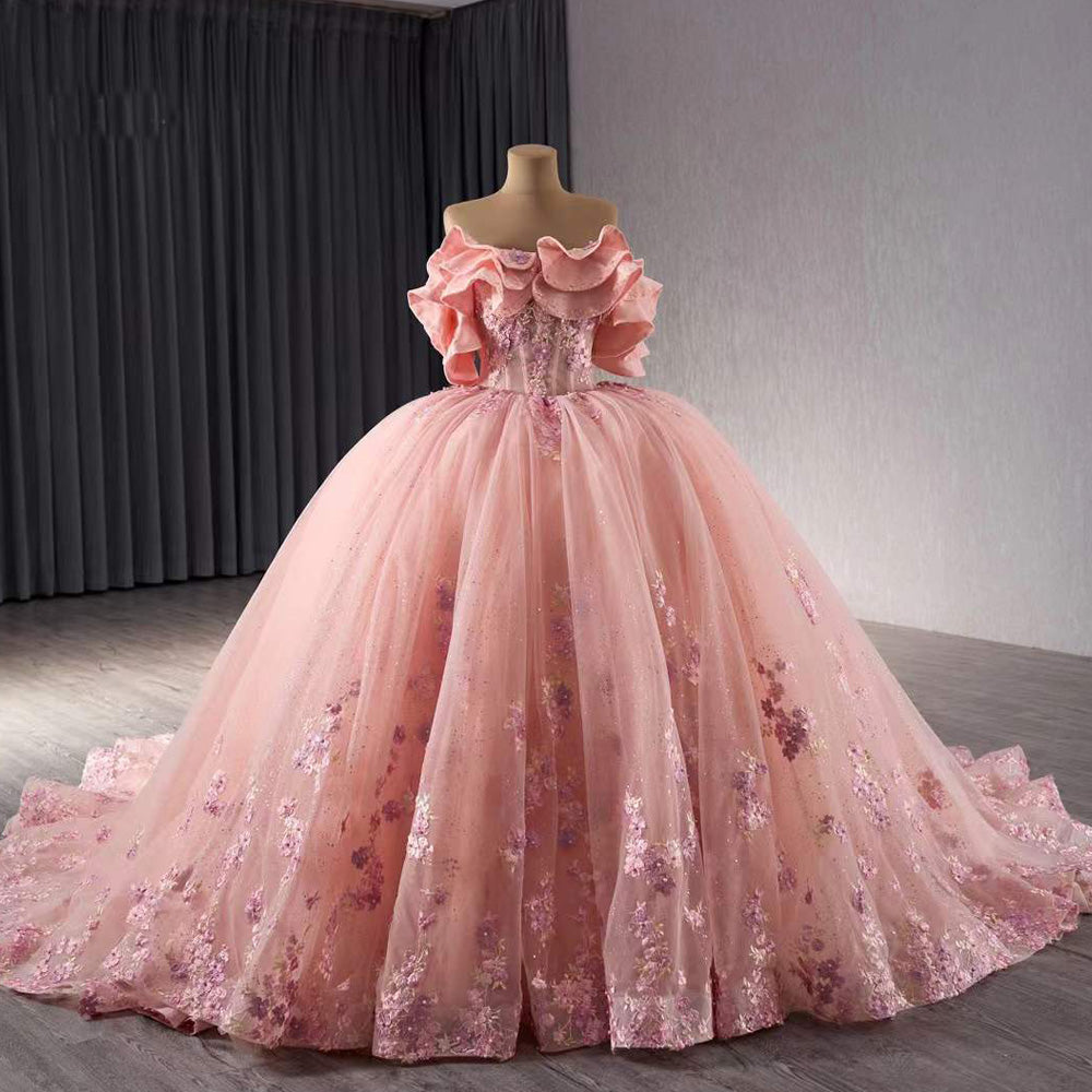 TW200 Vestidos 15 Quinceañera Lace Flower Off the Shoulder Lace Up Back Pink Ball Gown Long Formal Dress