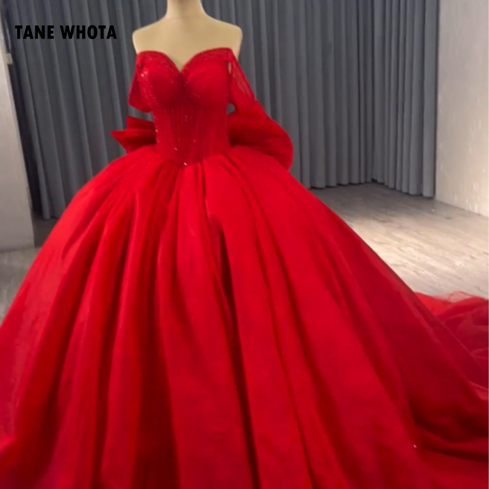 TW215 Vestidos Para 15 Quinceañera 2025 Luxury Off Shoulder Sweetheart Beading Bow Lace Up Back Red Long Dress For Special Occasions