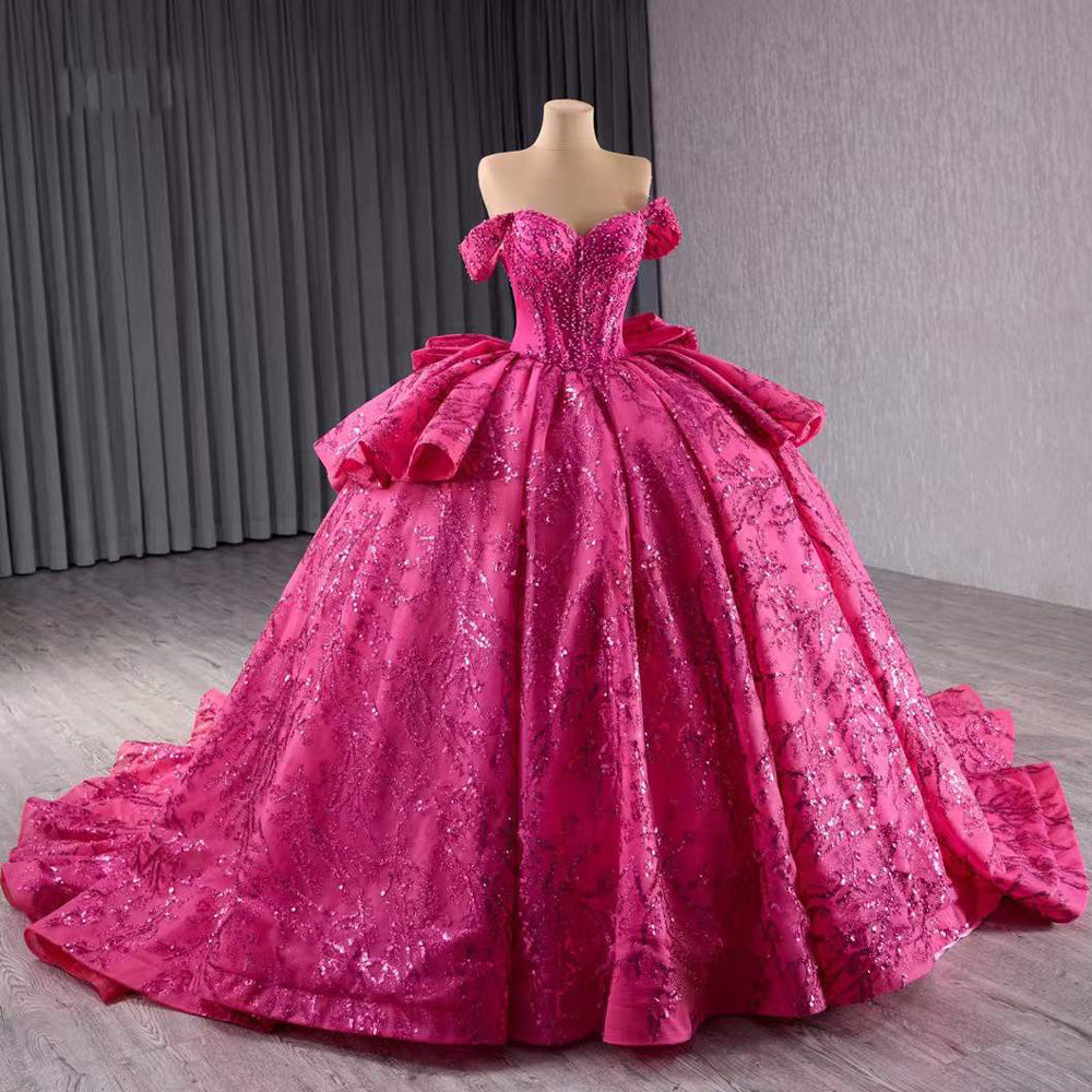 TW196 Vestidos 15 Años Quinceañera 2025 Luxury Off Shoulder Sweetheart Lace Up Back Rose Pink Beading Sequined Long Evening Dress