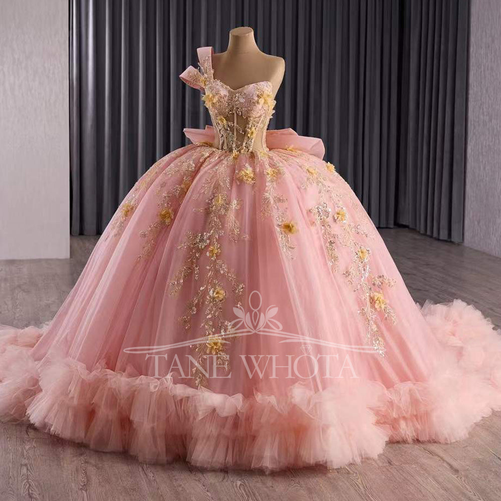 TW294 Vestido Quinceañera 2025 Luxury One Shoulder Sequins Lace Pink Ball Gown Flower Quinceanera Dress
